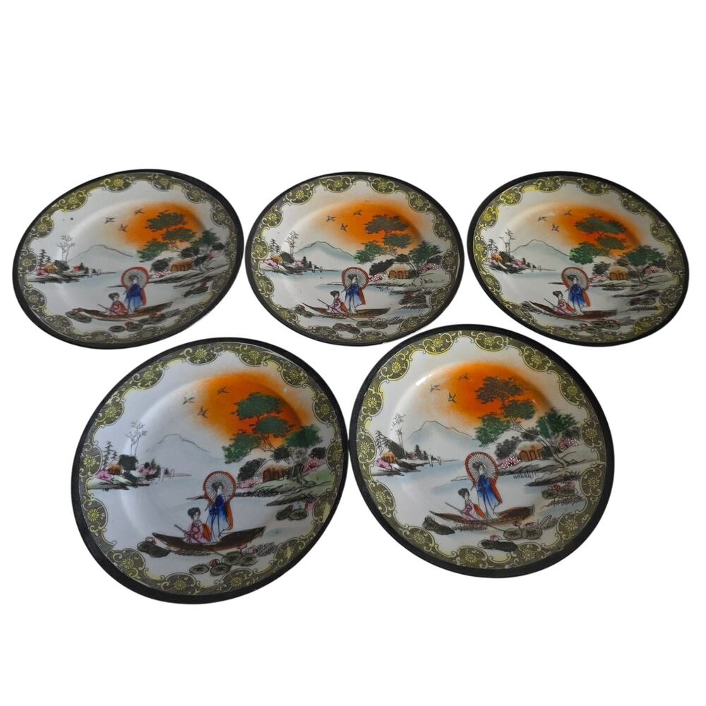 Vintage Hand Painted Made in Japan Porcelain Plates Japanese Scene Set of 5